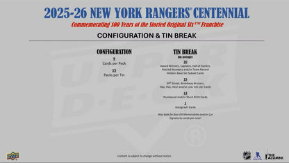 2025-26 Upper Deck New York Rangers Centennial Hobby Box *Contact Us To Order*