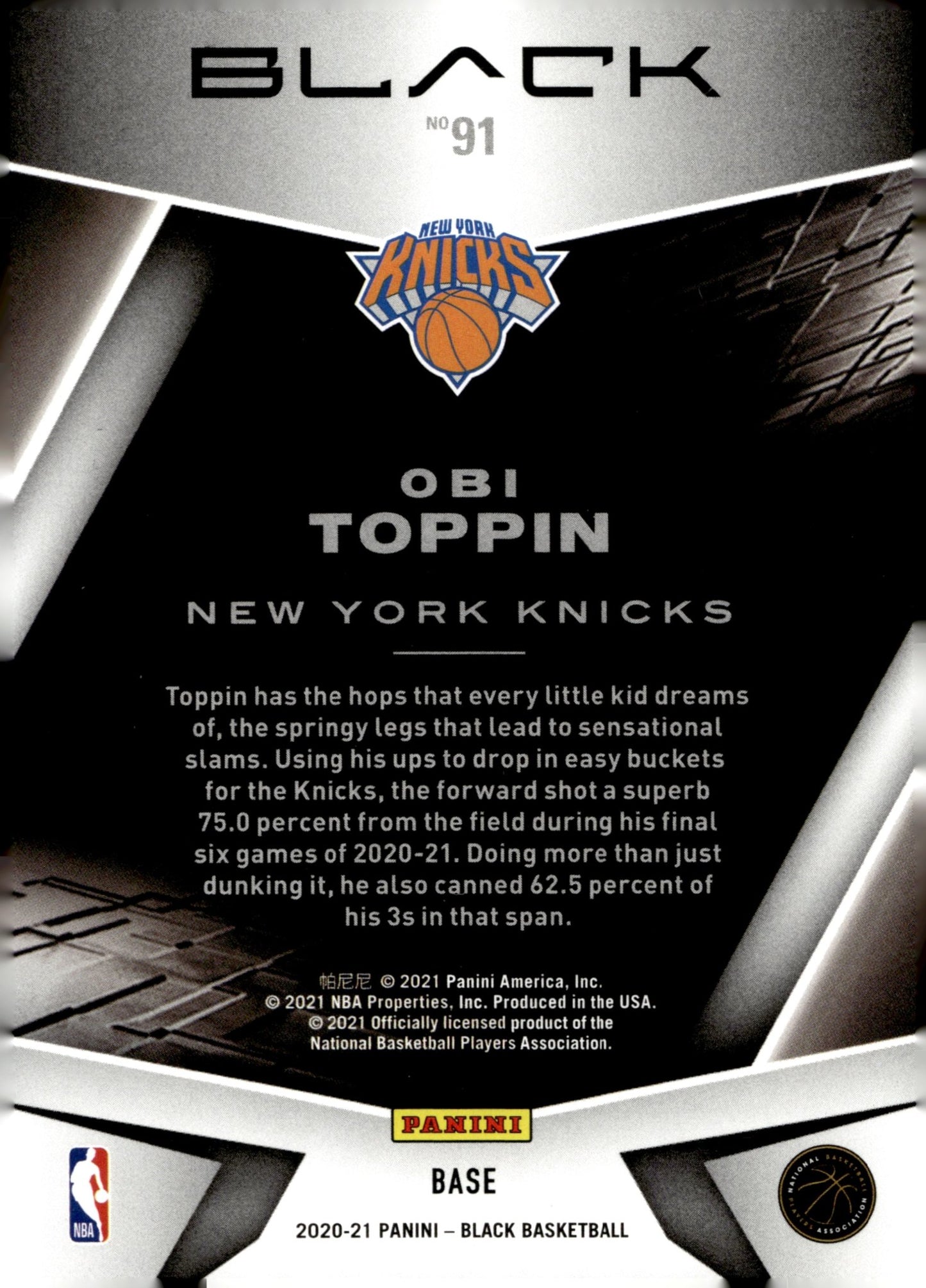 Obi Toppin 2020 - 21 Panini Black RC 081/149 #91 - Collector Store LLC