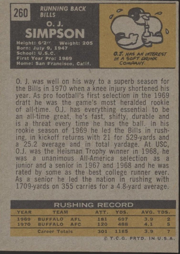 OJ Simpson 1971 Topps 260 Buffalo Bills VG - Collector Store LLC