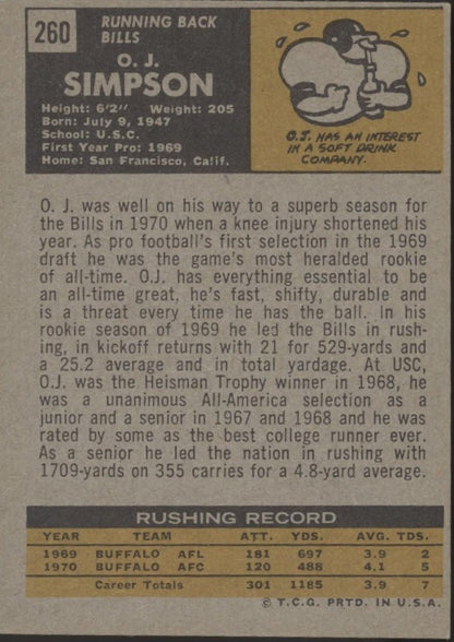 OJ Simpson 1971 Topps 260 Buffalo Bills VG - Collector Store LLC