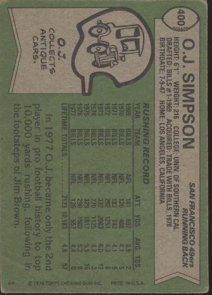 OJ Simpson 1978 Topps #400 San Francisco 49ers VG - Collector Store LLC