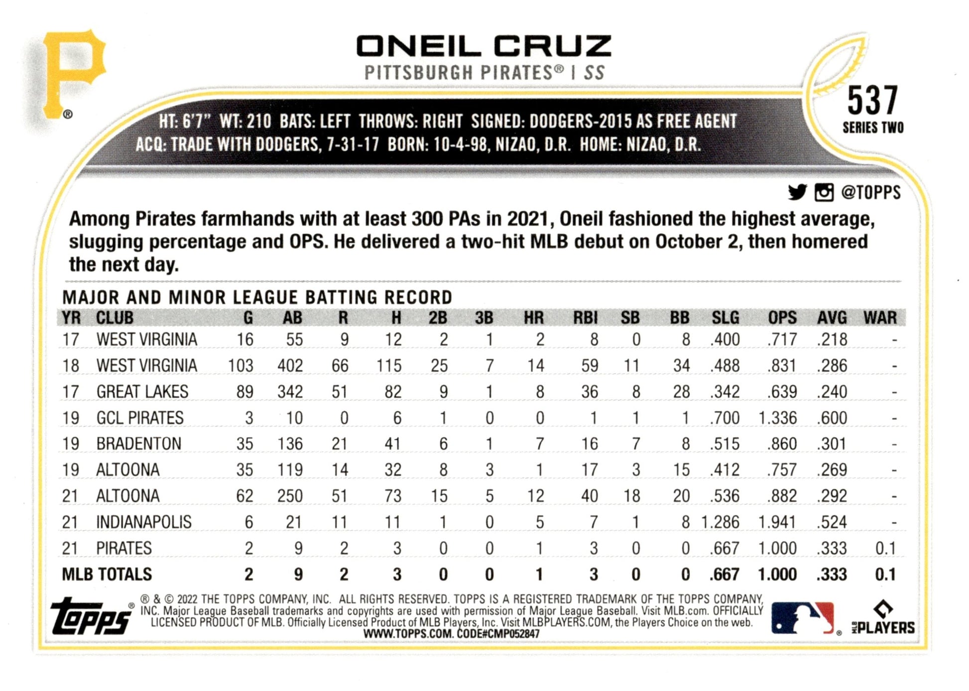 Oneil Cruz 2022 Topps Series 2 RC #537 - Collector Store LLC