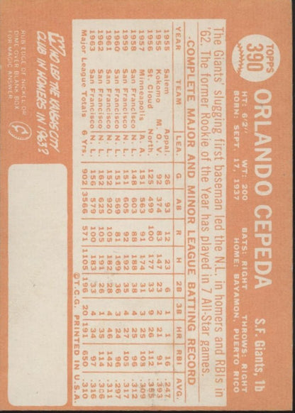 Orlando Cepeda 1964 Topps #390 San Francisco Giants EX - Collector Store LLC