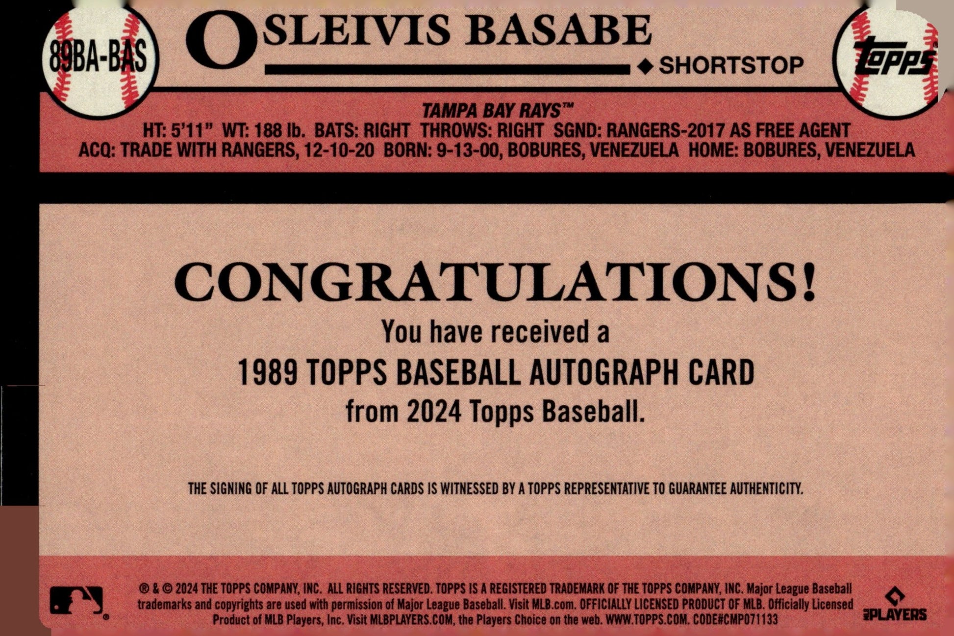 Osleivis Basabe 2024 Topps '89 RC Auto #89BA - BAS - Collector Store LLC