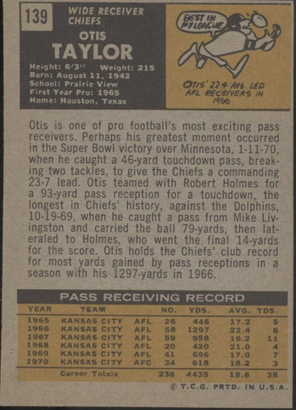 Otis Taylor 1971 Topps #139 Kansas City Chiefs VG - Collector Store LLC