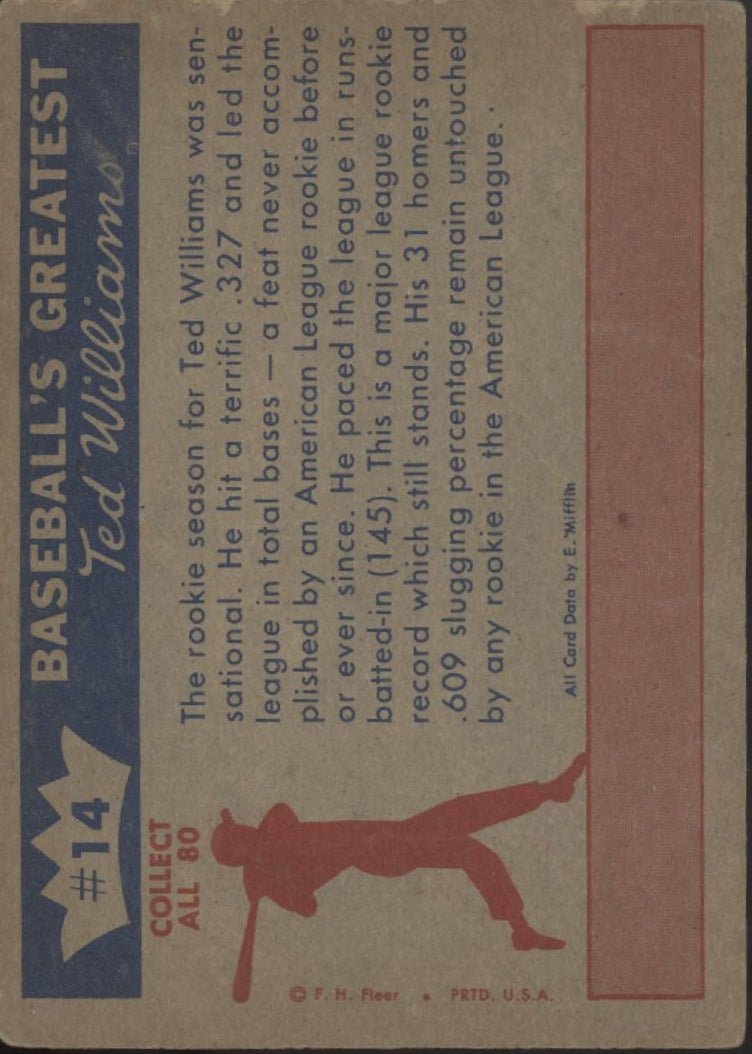 Outstanding Rookie of 1939 1959 Fleer Ted Williams #14 Boston Red Sox EX - Collector Store LLC