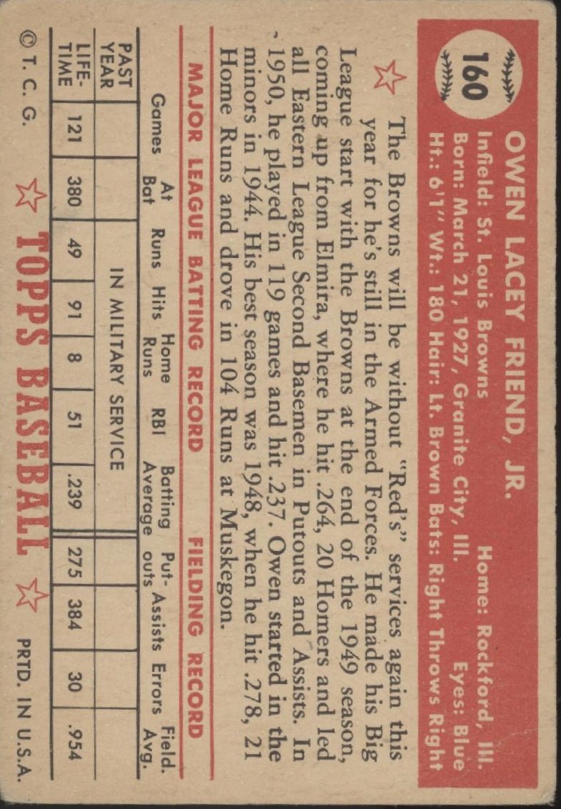 Owen Friend 1952 Topps #160 St. Louis Browns VG - Collector Store LLC