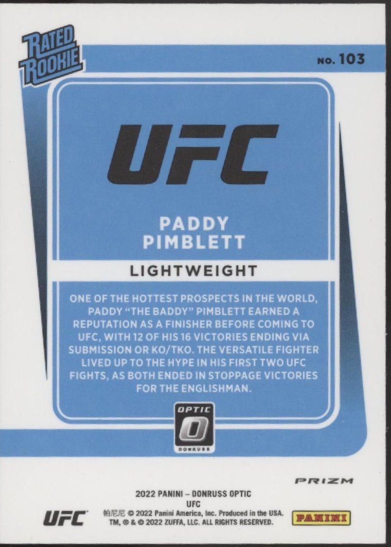 Paddy Pimblett 2022 Panini Donruss Optic Rated Rookie Blue Velocity Prizm RC - Collector Store LLC