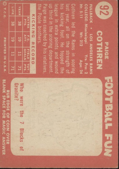 Paige Cothren 1958 Topps RC #92 Los Angeles Rams EX - Collector Store LLC