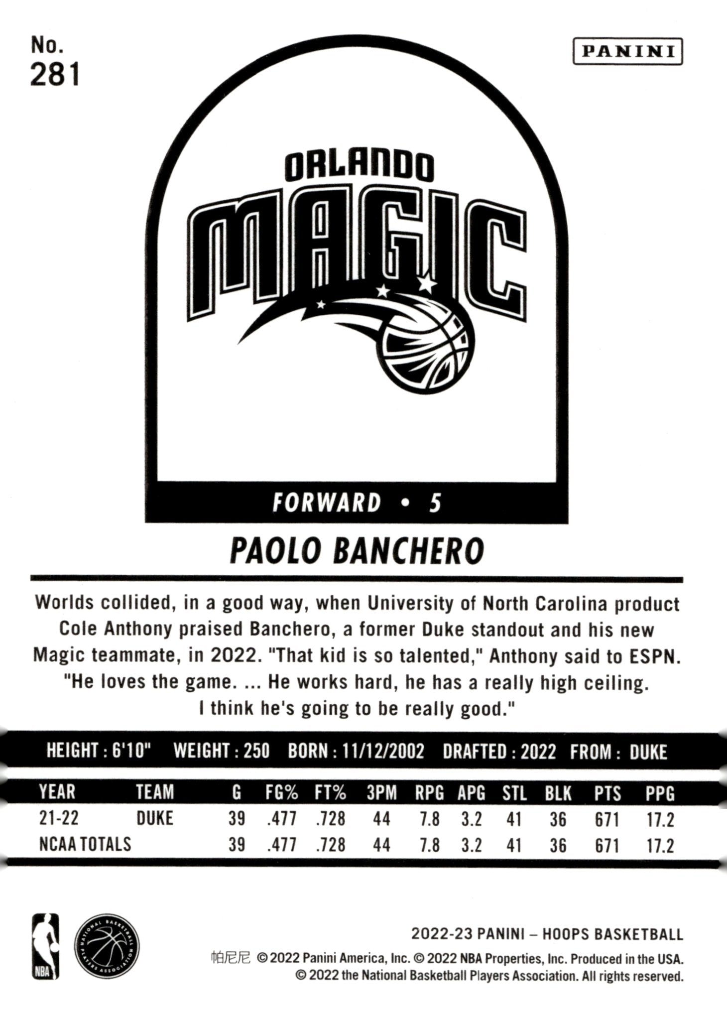 Paolo Banchero 2022 - 23 Panini Hoops RC #281 - Collector Store LLC