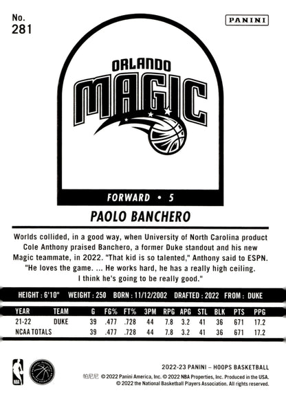 Paolo Banchero 2022 - 23 Panini Hoops RC #281 - Collector Store LLC