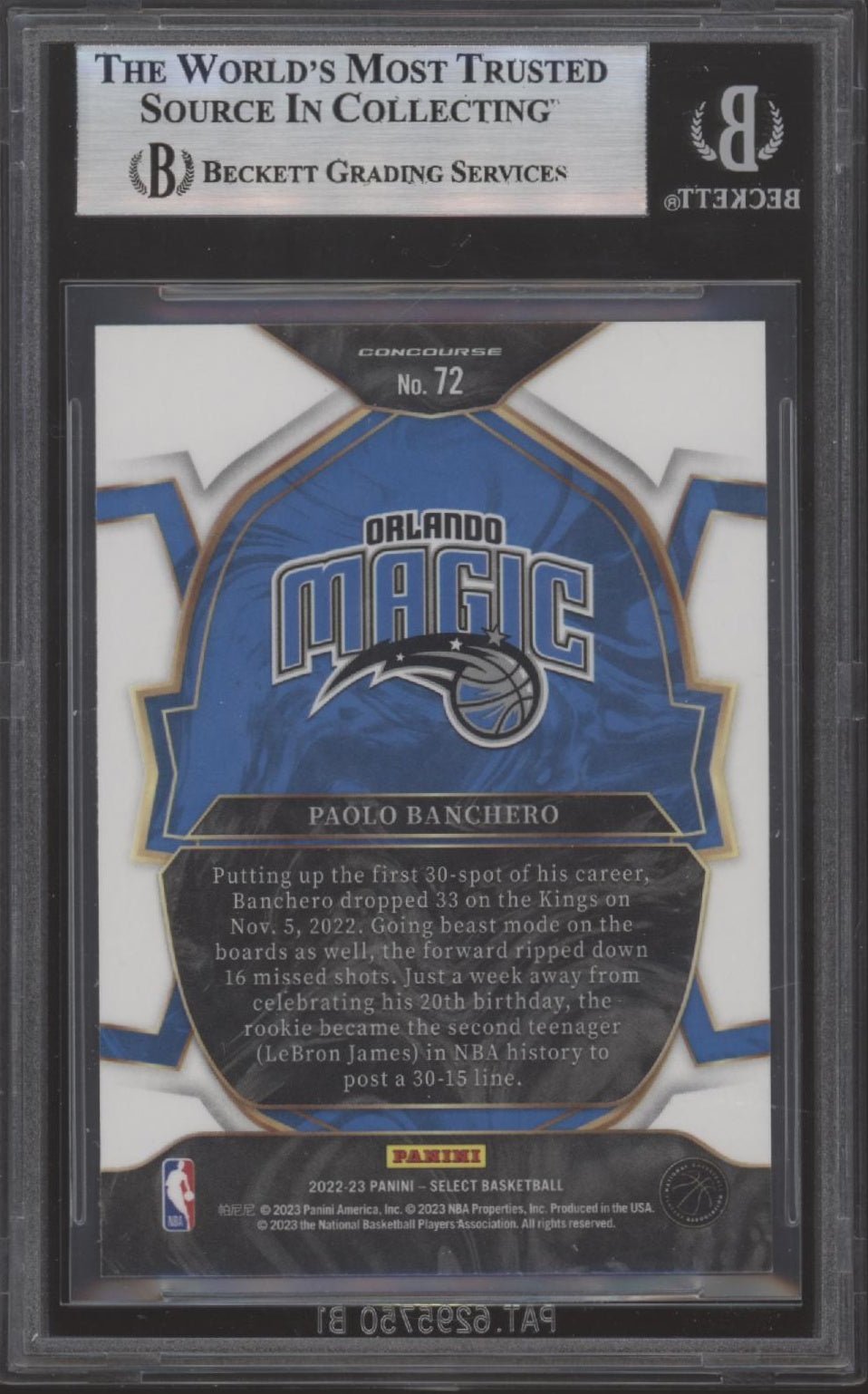 Paolo Banchero 2022 - 23 Panini Select RC #72 Beckett 9 - Collector Store LLC