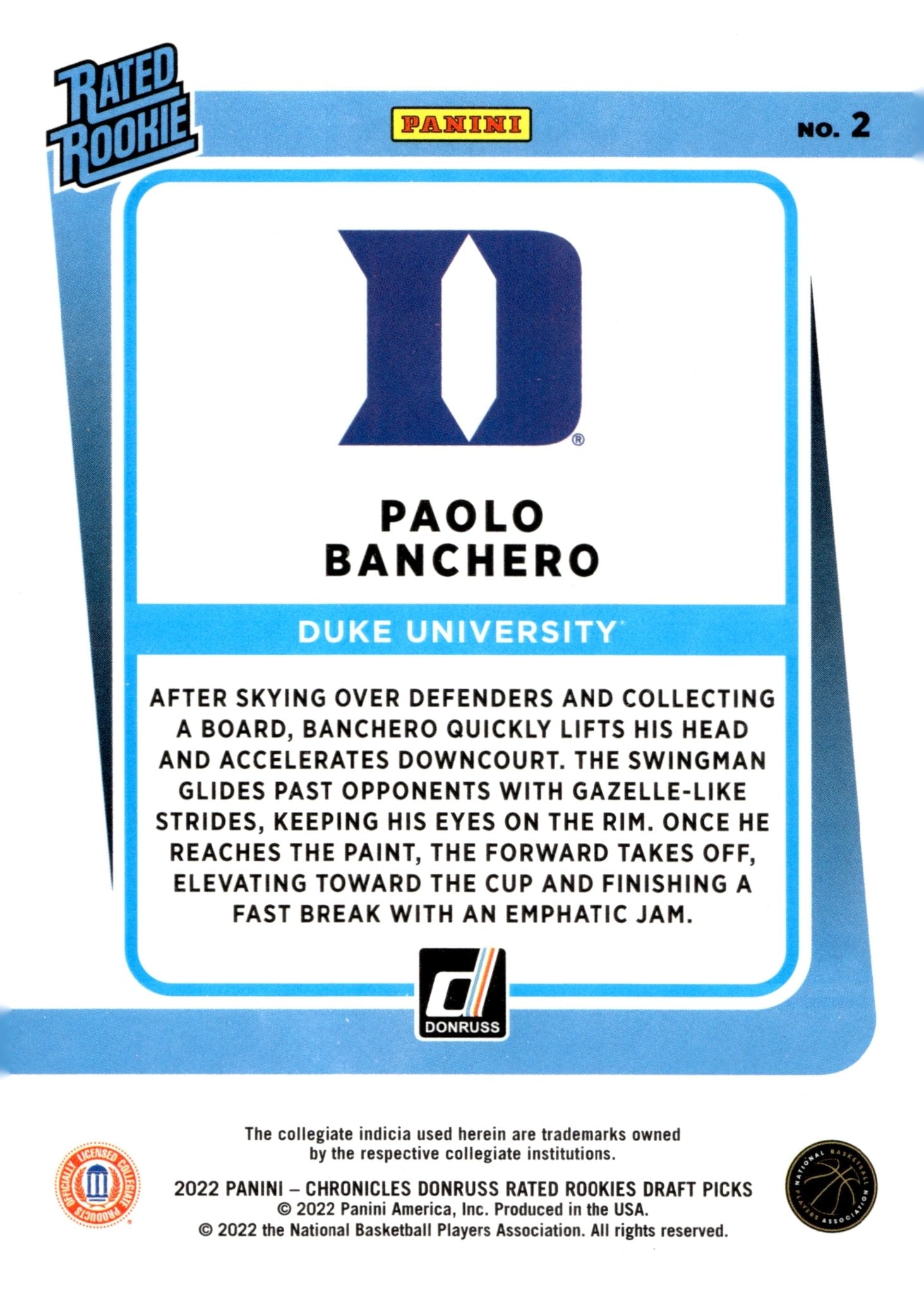 Paolo Banchero 2022 Panini Chronicles Donruss Rated Rookies Draft Picks RC #2 #1 - Collector Store LLC