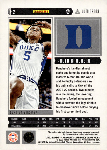Paolo Banchero 2022 Panini Chronicles Luminance Draft Picks RC #2 #1 - Collector Store LLC