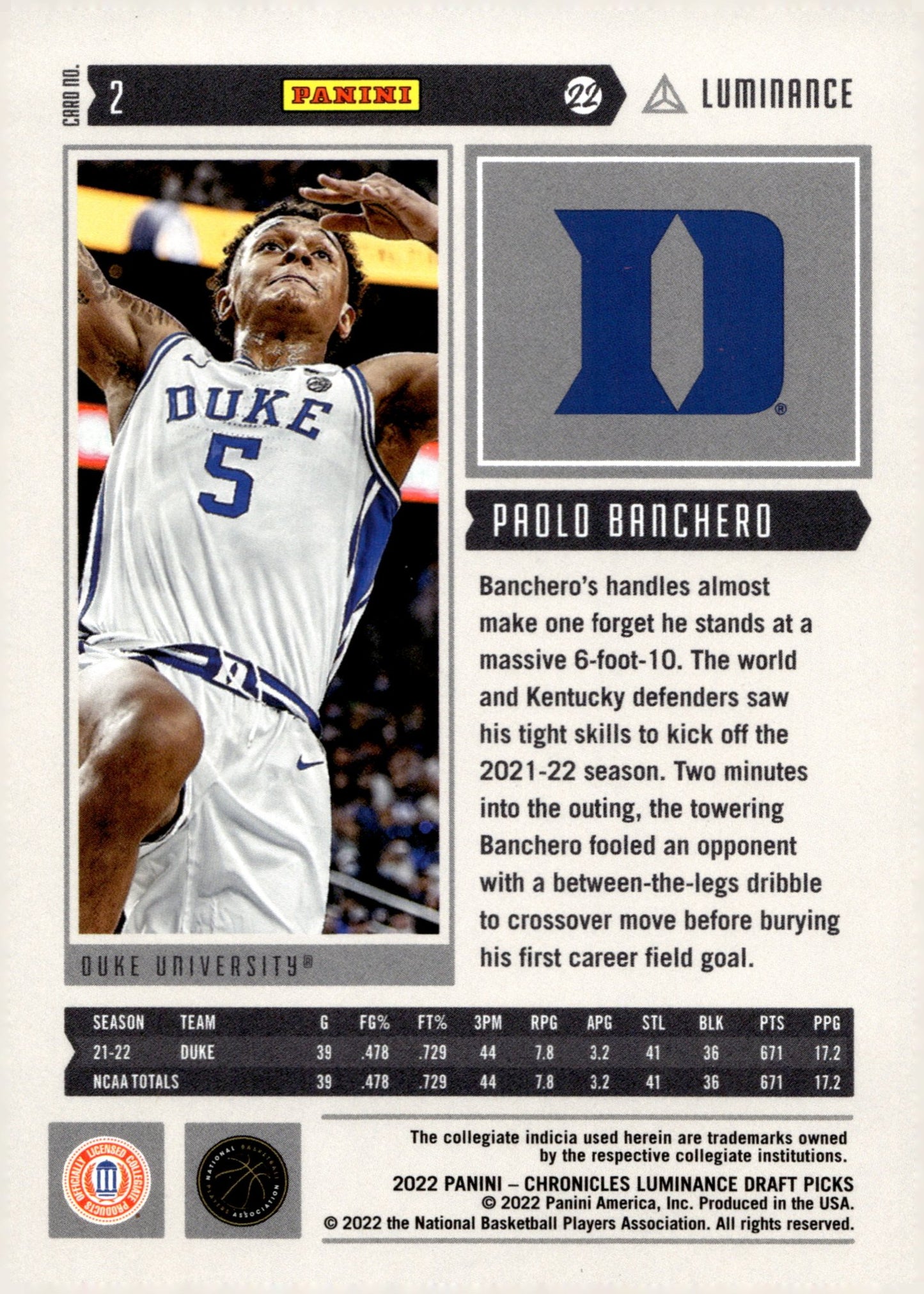 Paolo Banchero 2022 Panini Chronicles Luminance Draft Picks RC #2 #2 - Collector Store LLC