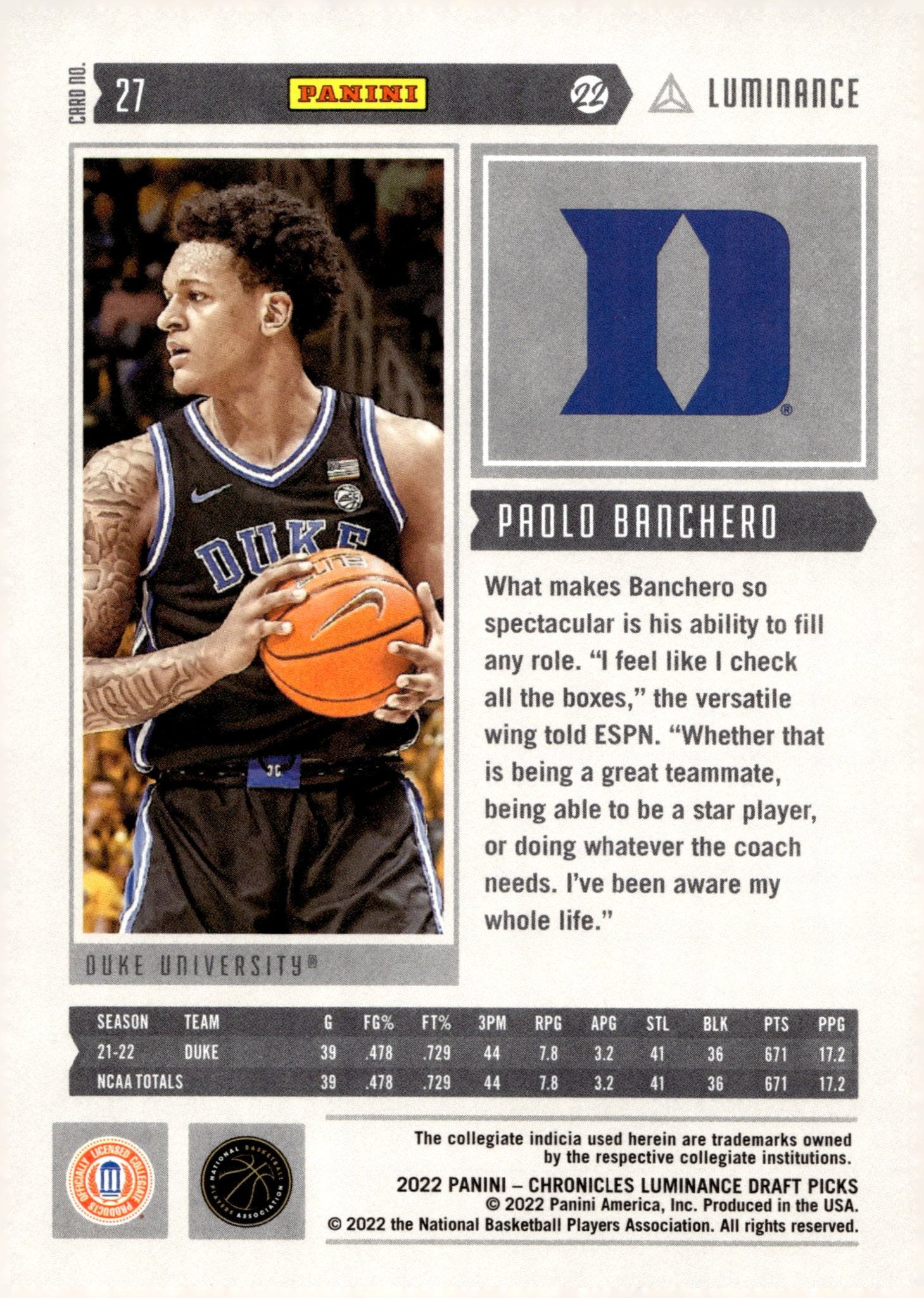 Paolo Banchero 2022 Panini Chronicles Luminance Draft Picks RC #27 #4 - Collector Store LLC