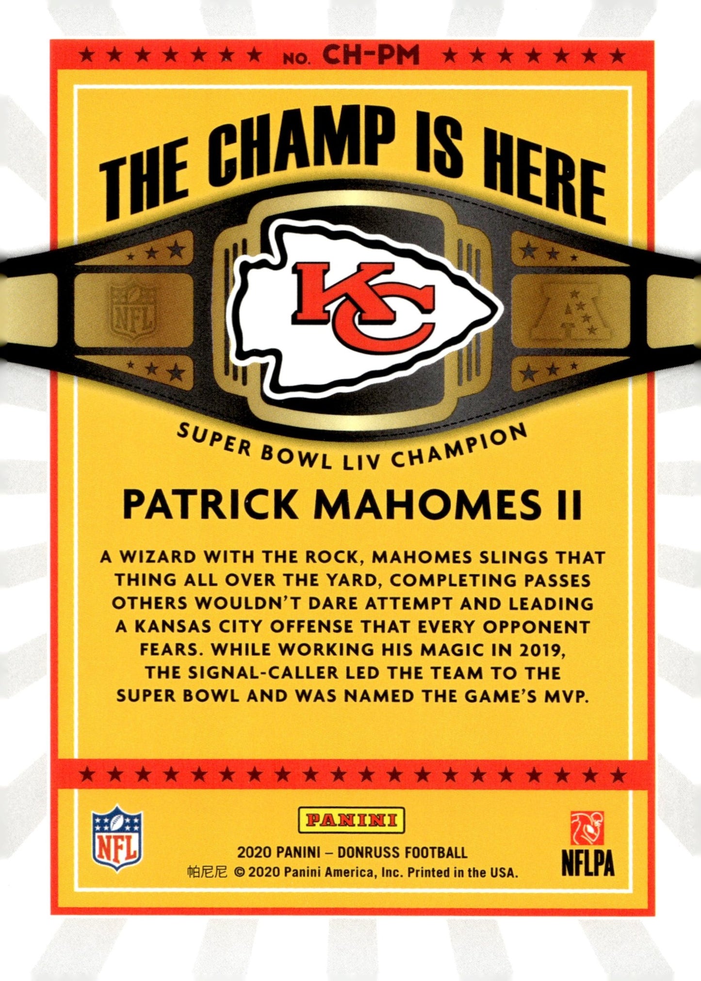 Patrick Mahomes II 2020 Panini Donruss The Champ Is Here #CH - PM - Collector Store LLC