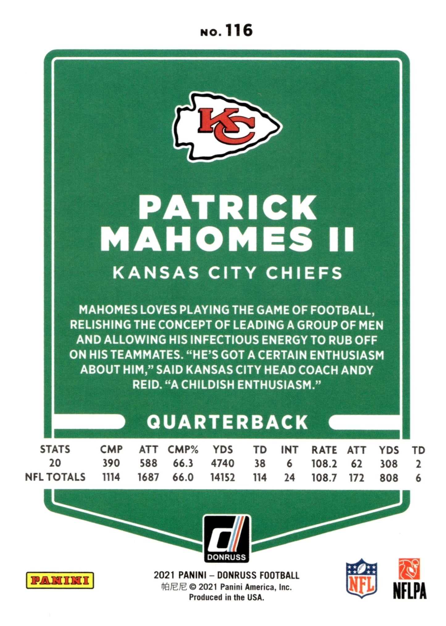 Patrick Mahomes II 2021 Panini Donruss #116 - Collector Store LLC