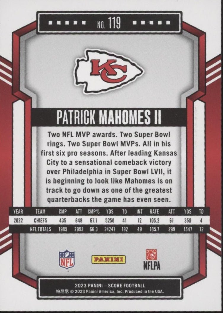 Patrick Mahomes II 2023 Panini Score Orange 494/565 #119 - Collector Store LLC