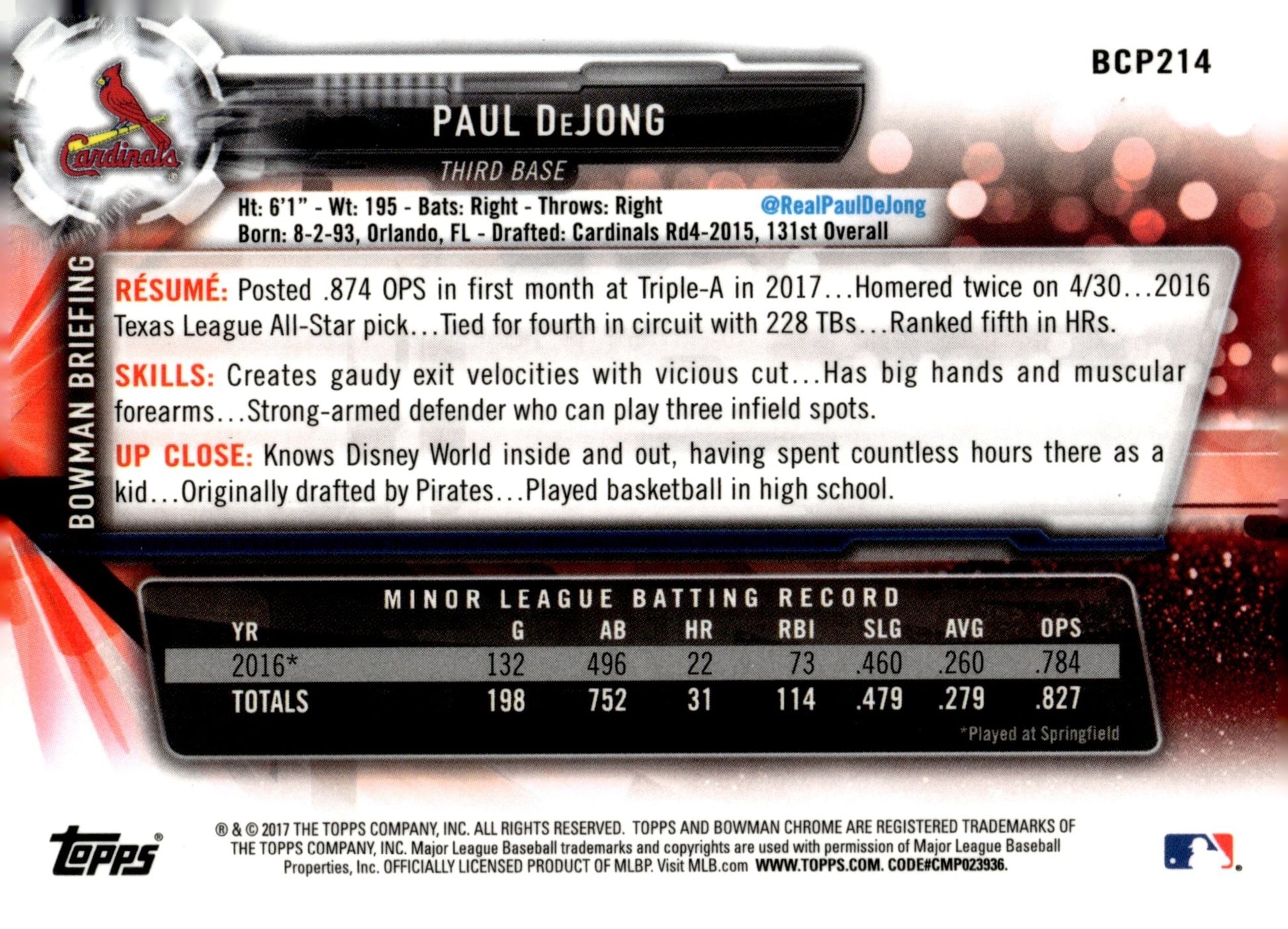 Paul DeJong 2017 Bowman Chrome RC #BCP214 - Collector Store LLC