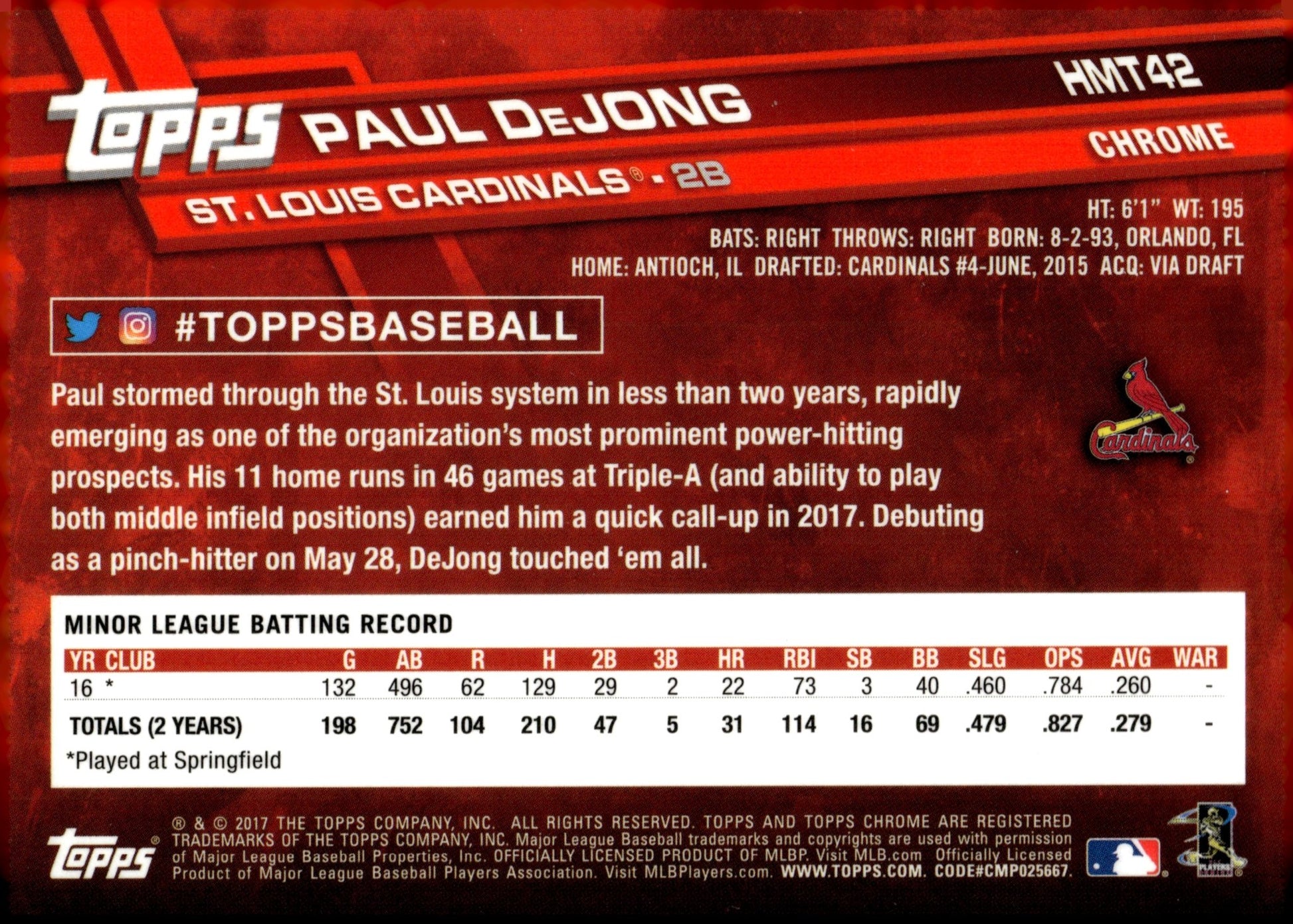 Paul DeJong 2017 Topps Chrome RC #HMT42 - Collector Store LLC