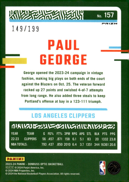 Paul George 2023 - 24 Panini Donruss Optic Orange Prizm 149/199 #157 - Collector Store LLC