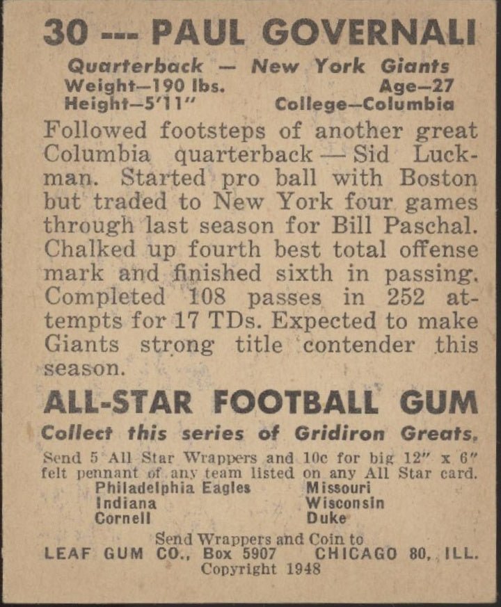 Paul Governali 1948 Leaf #30 New York Giants EX - Collector Store LLC