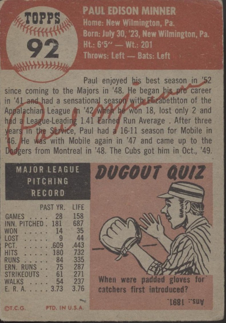 Paul Minner 1953 Topps #92 Chicago Cubs VG - Collector Store LLC