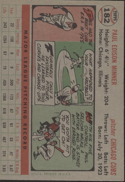 Paul Minner 1956 Topps 182 Chicago Cubs EX 2 - Collector Store LLC