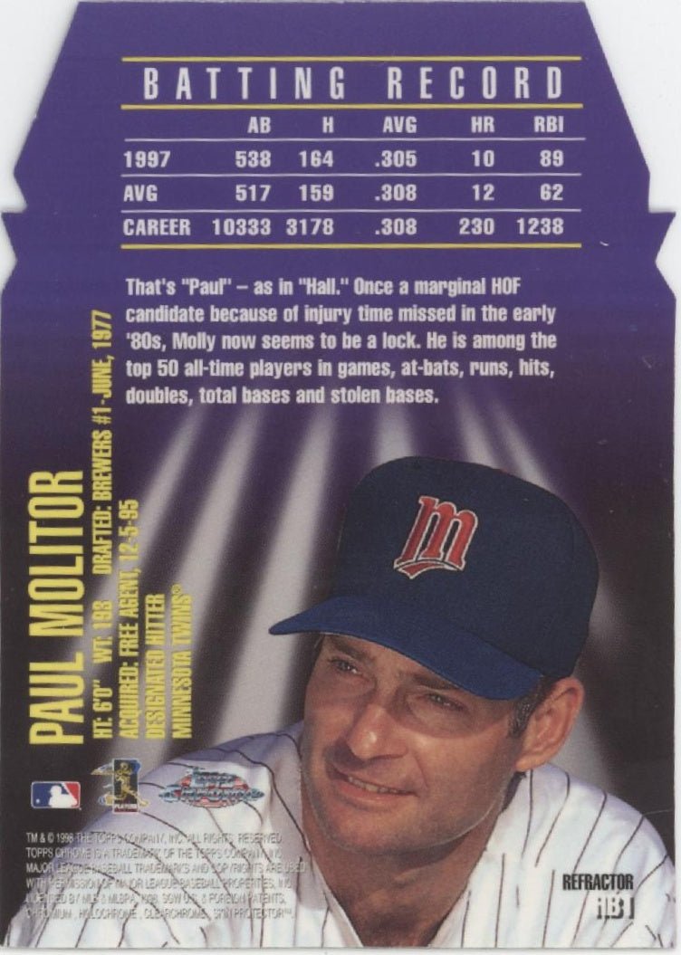 Paul Molitor 1998 Topps Chrome Hall Bound Die - Cut Refractor #HB1 #2 - Collector Store LLC