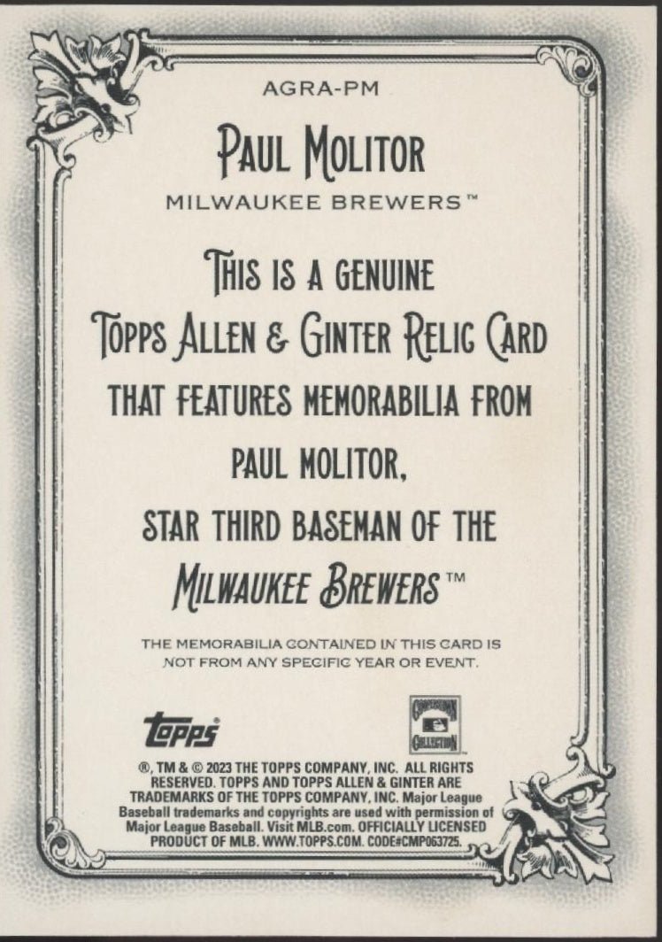 Paul Molitor 2023 Topps Allen & Ginter Bat Relic AGRA - PM - Collector Store LLC