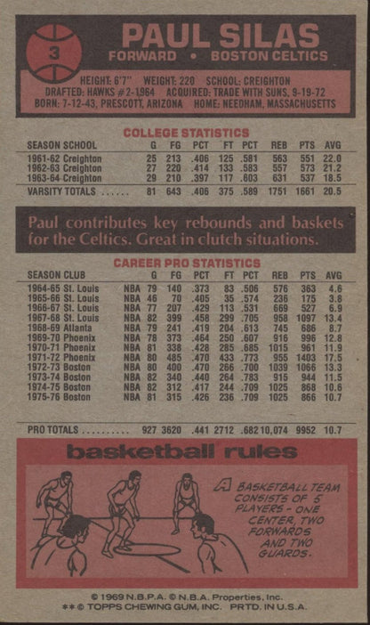 Paul Silas 1976 - 77 Topps Oversized #3 Boston Celtics - Collector Store LLC