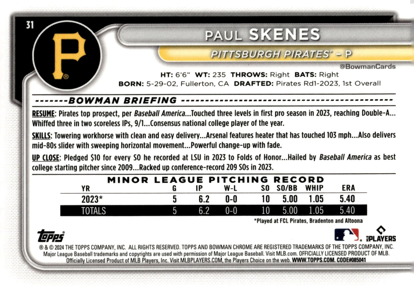 Paul Skenes 2024 Bowman Chrome RC #31 - Collector Store LLC