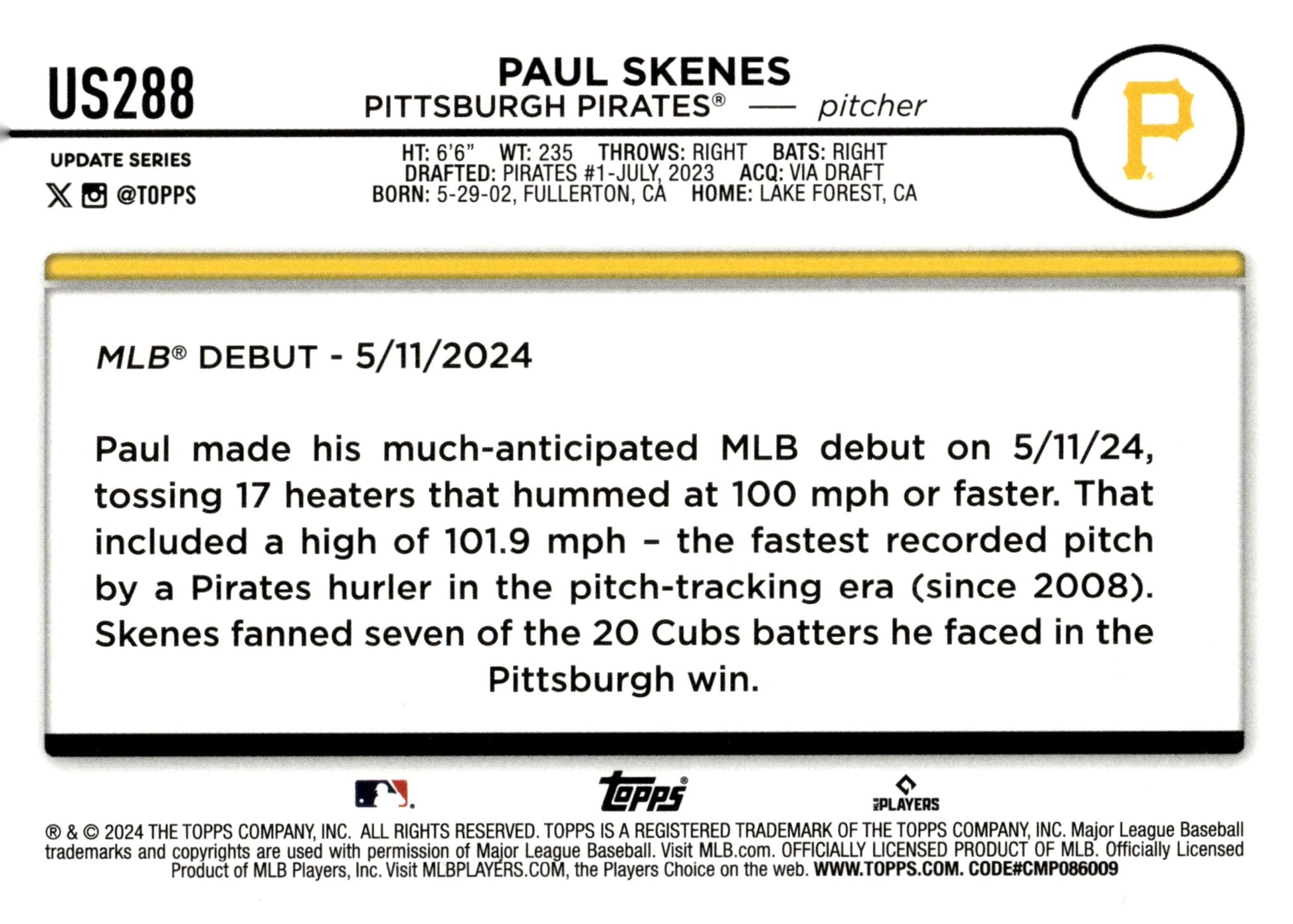 Paul Skenes 2024 Bowman Update Series RC #US288 #2 - Collector Store LLC