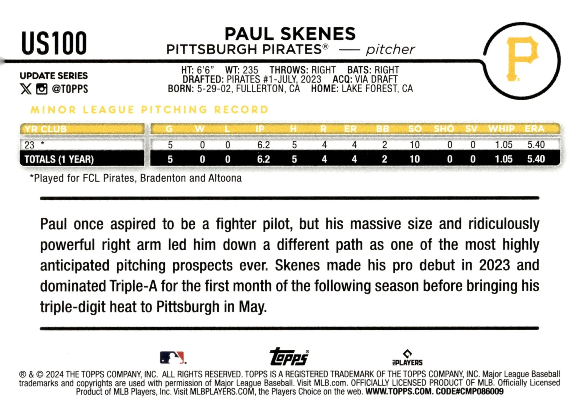 Paul Skenes 2024 Topps Update Series RC #US100 #1 - Collector Store LLC