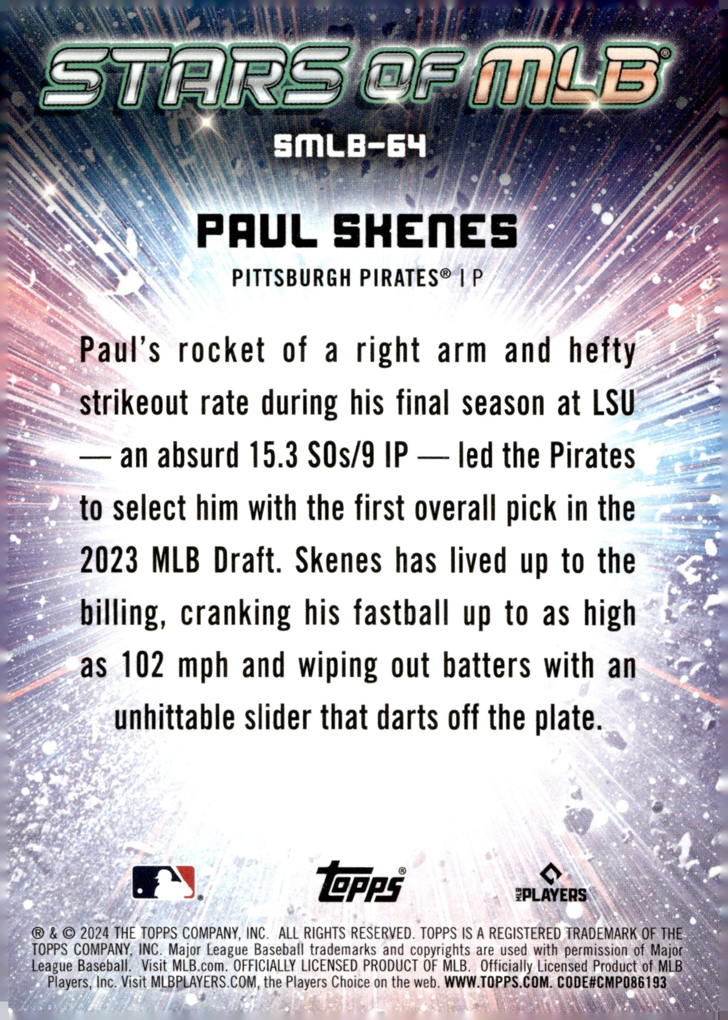 Paul Skenes 2024 Topps Update Series Stars of MLB Foil RC #SMLB - 64 #5 - Collector Store LLC