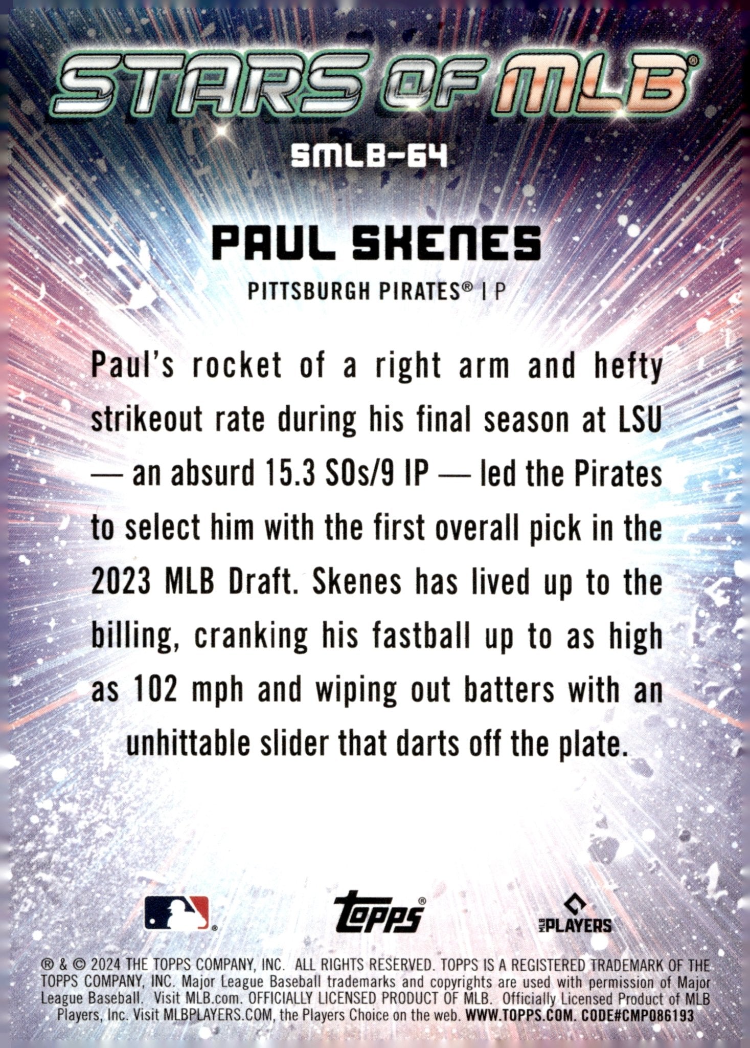 Paul Skenes 2024 Topps Update Series Stars of MLB Foil RC #SMLB - 64 #6 - Collector Store LLC