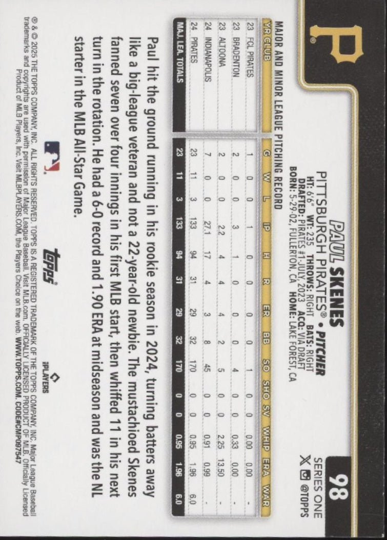 Paul Skenes 2025 Topps Series 1 98 - Collector Store LLC