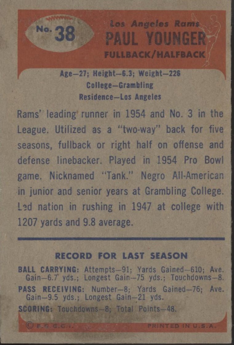 Paul Younger 1955 Bowman #38 Los Angeles Rams VG - EX - Collector Store LLC