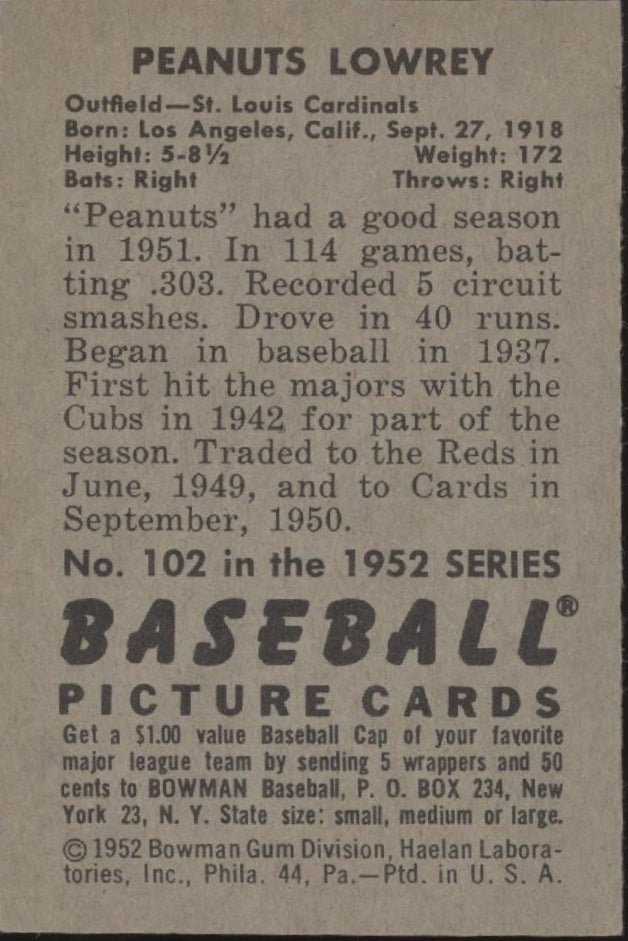 Peanuts Lowrey 1952 Bowman 102 St. Louis Cardinals VG - EX - Collector Store LLC