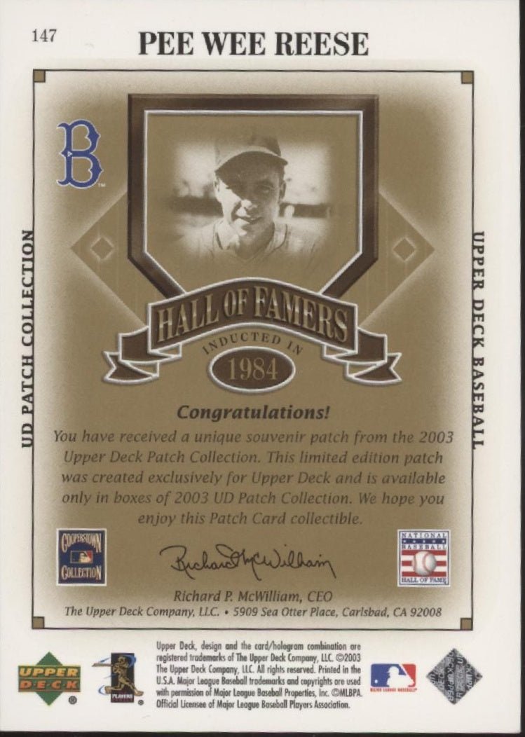 Pee Wee Reese 2003 Upper Deck Patch Collection Dodgers Hall of Famers #147 - Collector Store LLC