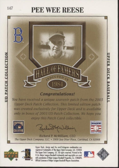 Pee Wee Reese 2003 Upper Deck Patch Collection Dodgers Hall of Famers #147 - Collector Store LLC