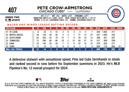 Pete Crow - Armstrong 2024 Topps Series 2 RC #407 - Collector Store LLC