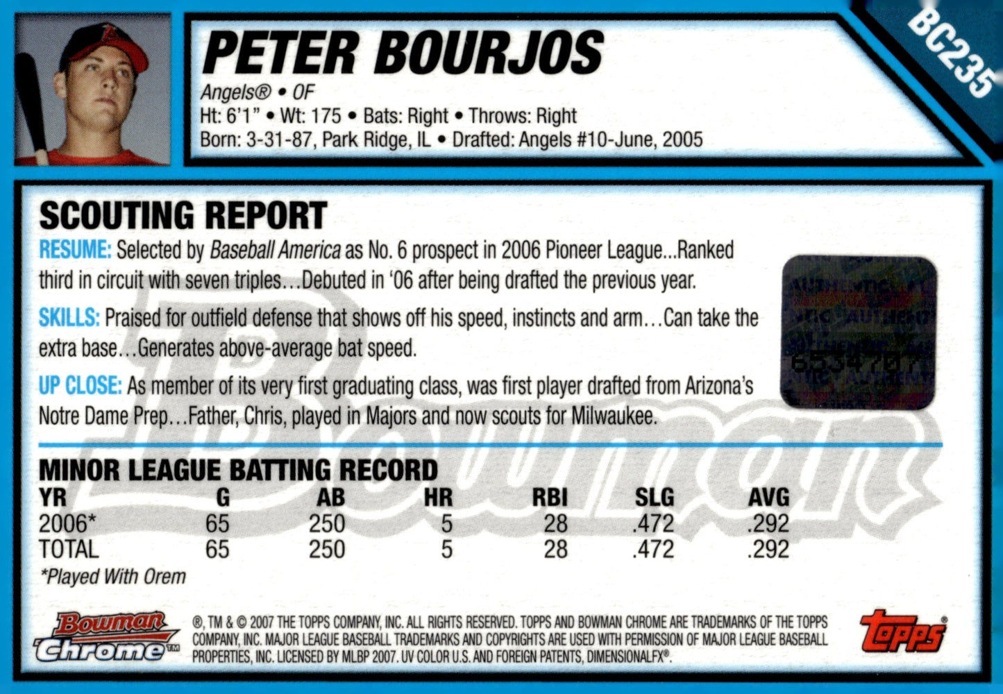 Peter Bourjos 2007 Bowman Chrome Certified Auto #BC235 - Collector Store LLC