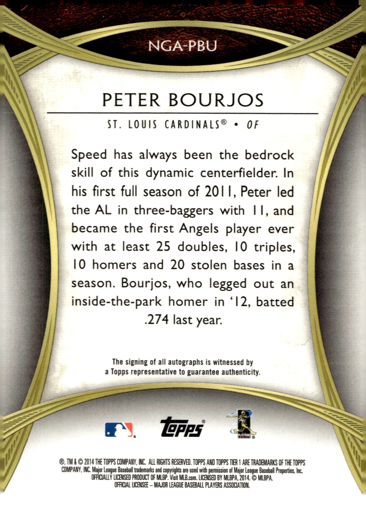 Peter Bourjos 2014 Topps Tier One New Guard Auto 385/399 #NGA - PBU - Collector Store LLC