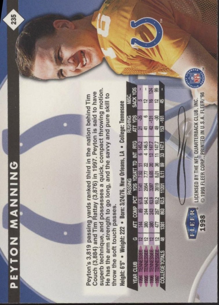 Peyton Manning 1998 Fleer Tradition RC #235 - Collector Store LLC