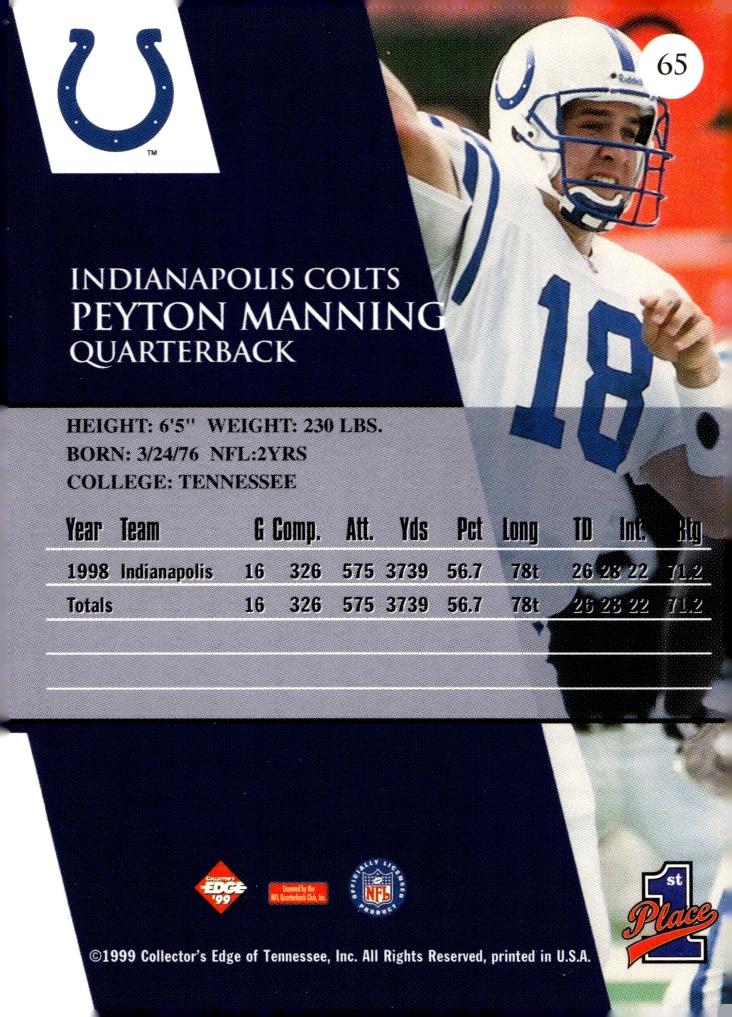 Peyton Manning 1999 Collector's Edge #65 #3 - Collector Store LLC