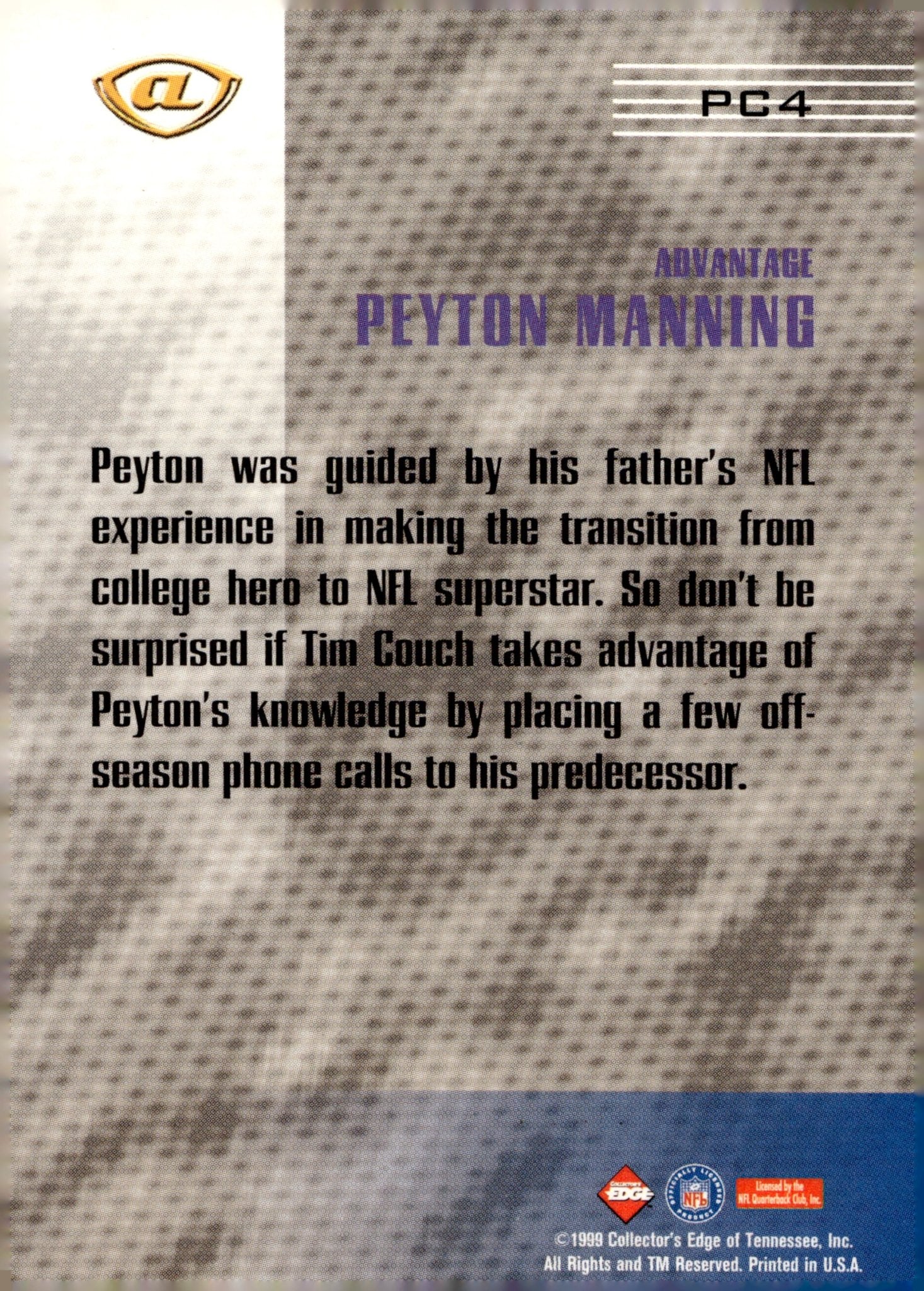 Peyton Manning 1999 Collector's Edge Prime Connection #PC4 - Collector Store LLC