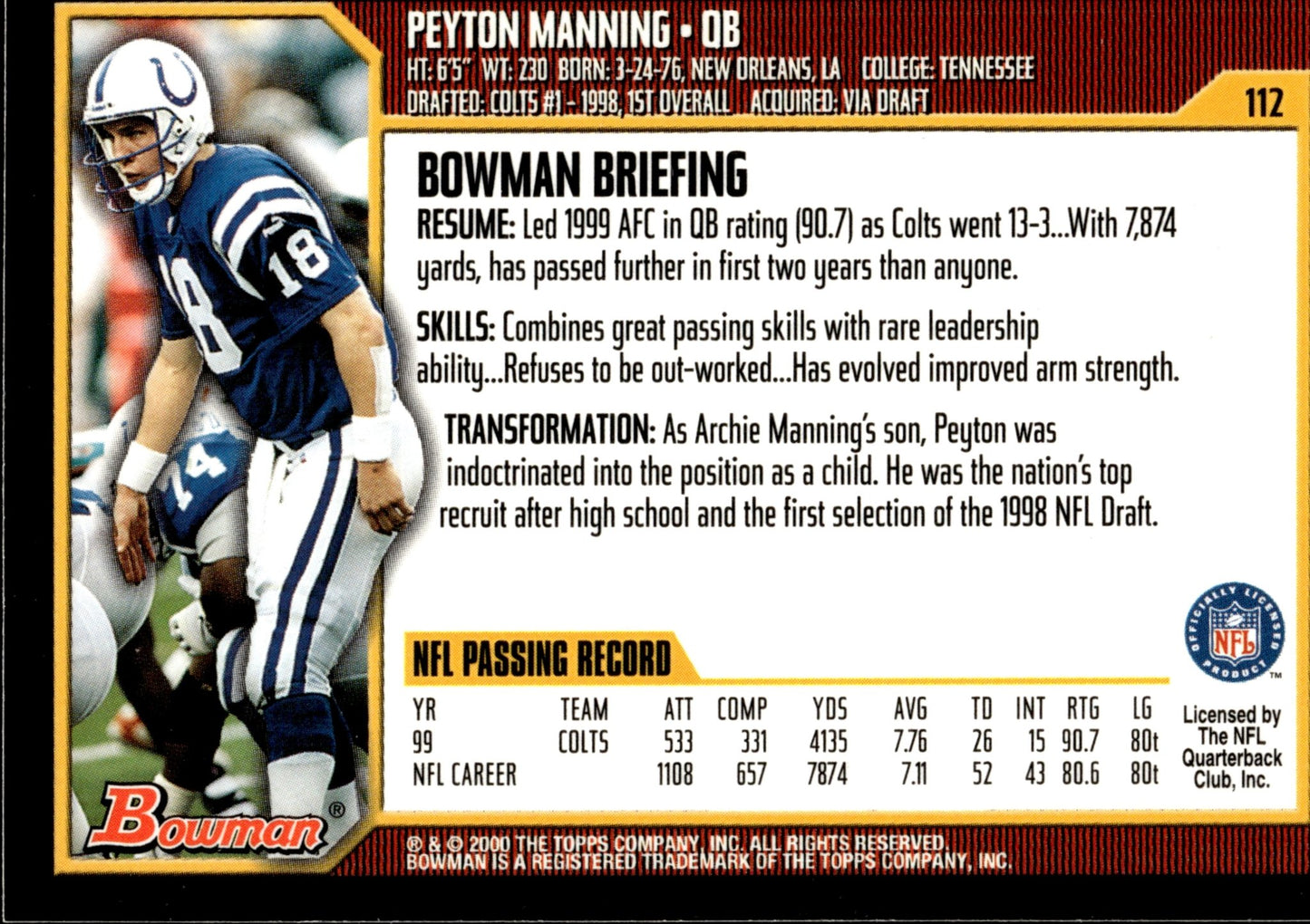 Peyton Manning 2000 Bowman #112 - Collector Store LLC