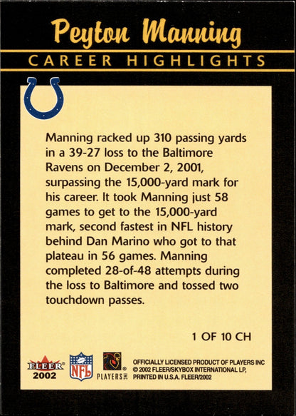 Peyton Manning 2002 Fleer Career Highlights #1 - Collector Store LLC